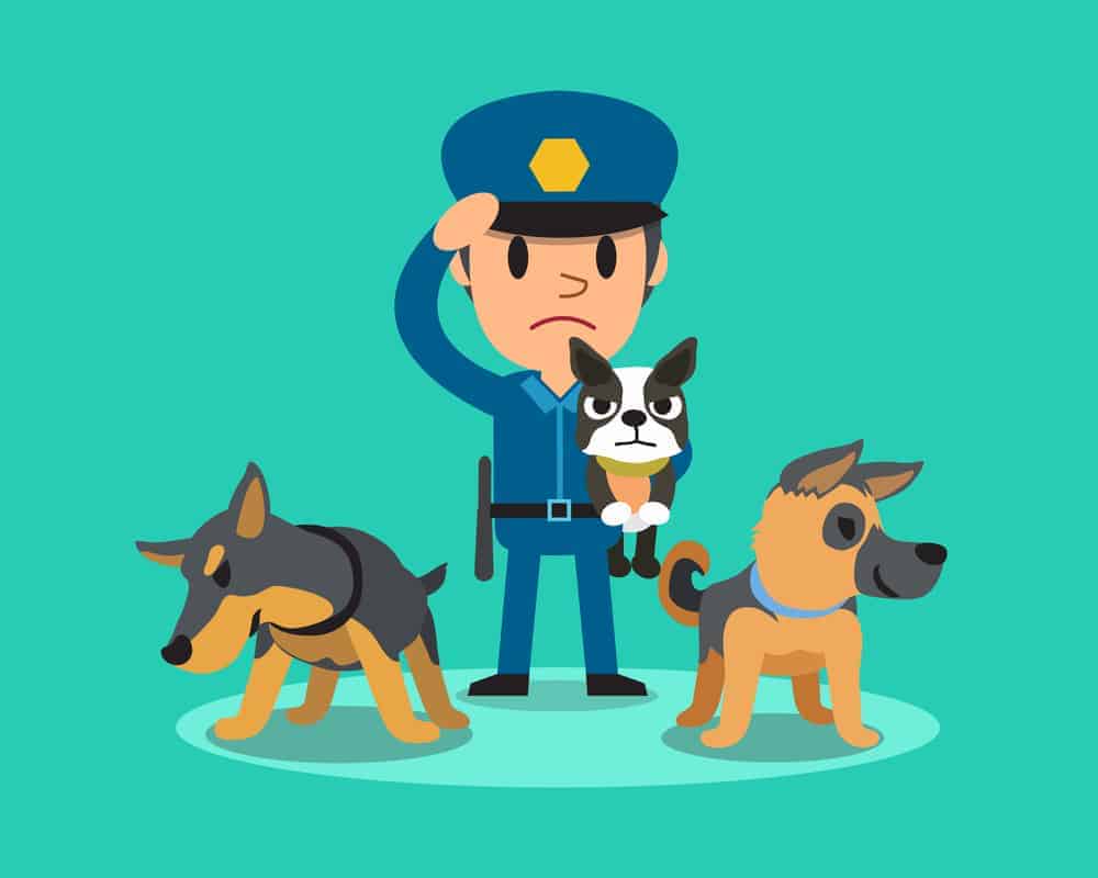 Cartoon security guard policeman with police guard dogs