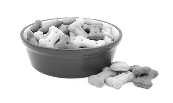 Dry bone-shaped dog food in a bowl, some biscuits spilled beside
